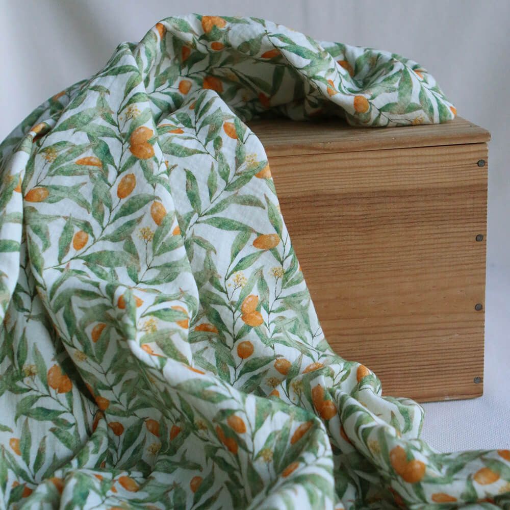 Zestine - Double gaze de coton motif feuillage et agrumes