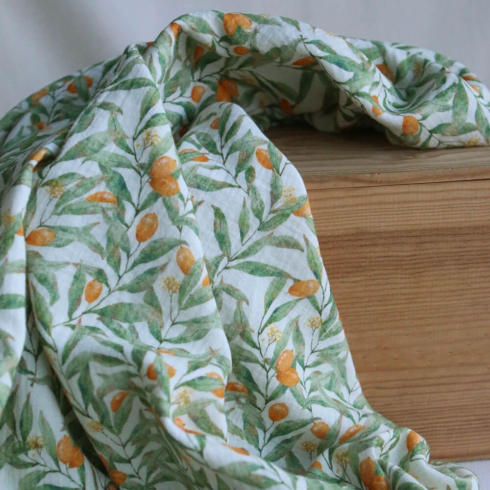 Zestine - Double gaze de coton motif feuillage et agrumes