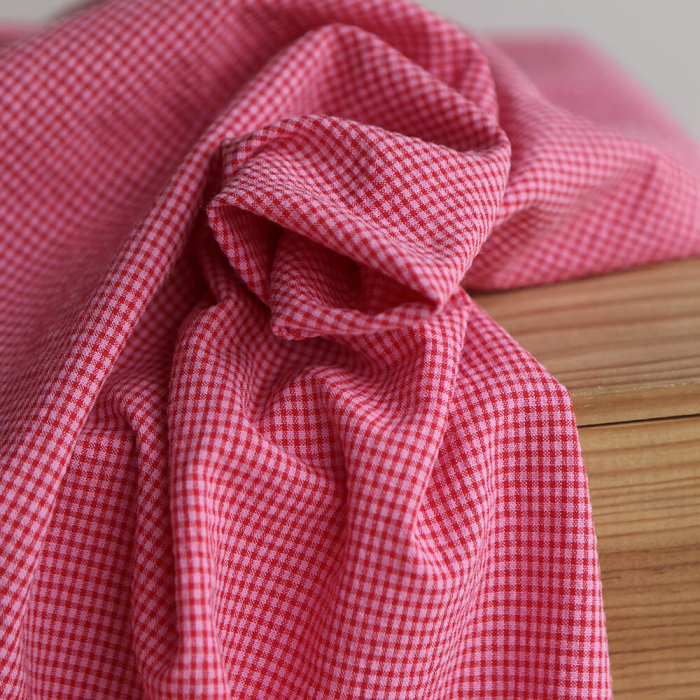 Seersucker / Coton gaufré mini vichy 3mm fraise framboise