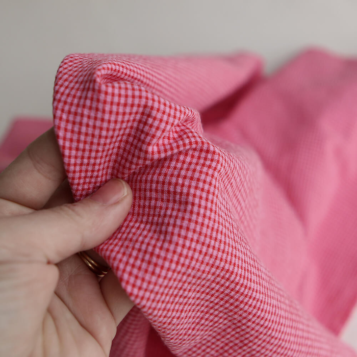Seersucker / Coton gaufré mini vichy 3mm fraise framboise