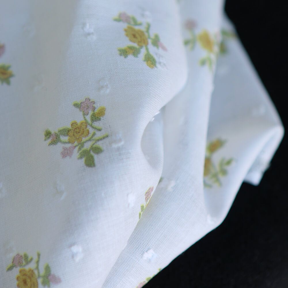 Céline - Plumetis de coton imprimé fleuri vert et ocre