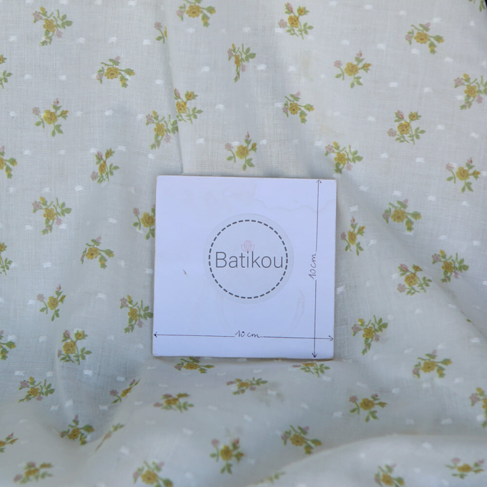 Céline - Plumetis de coton imprimé fleuri vert et ocre