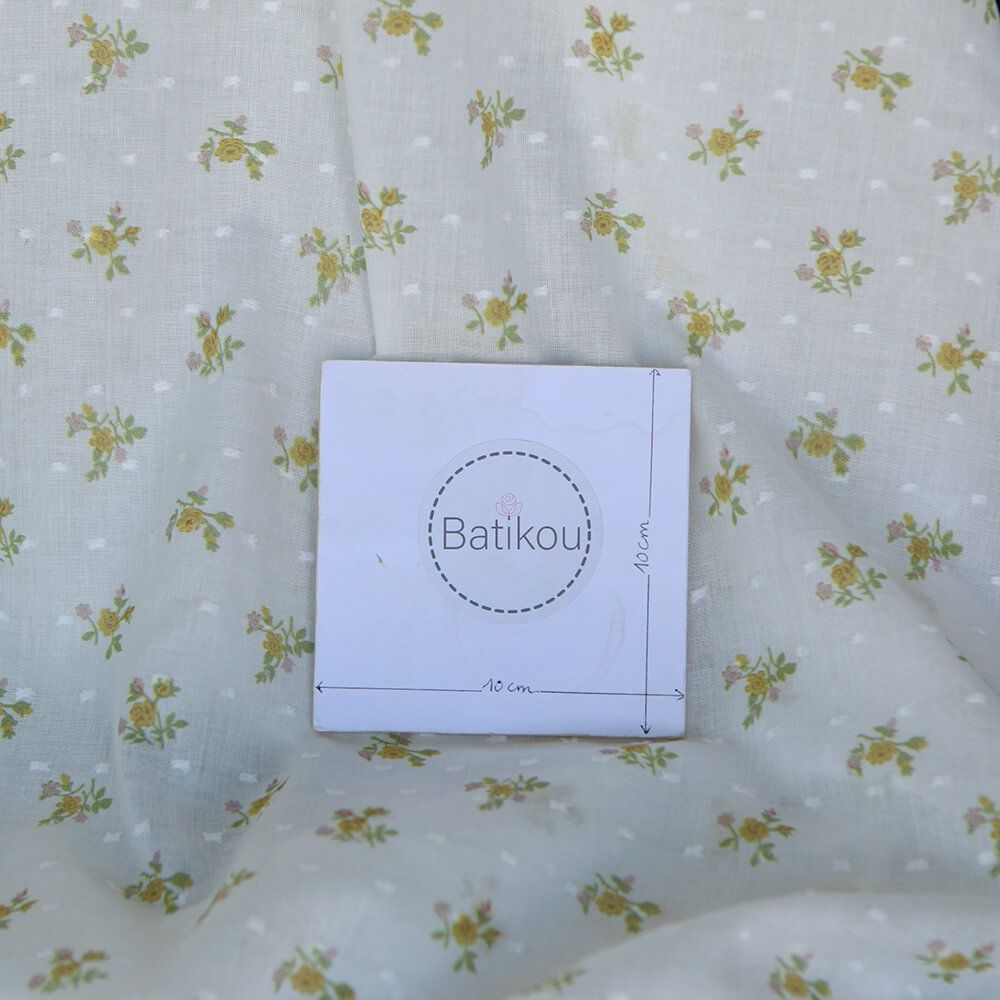 Céline - Plumetis de coton imprimé fleuri vert et ocre