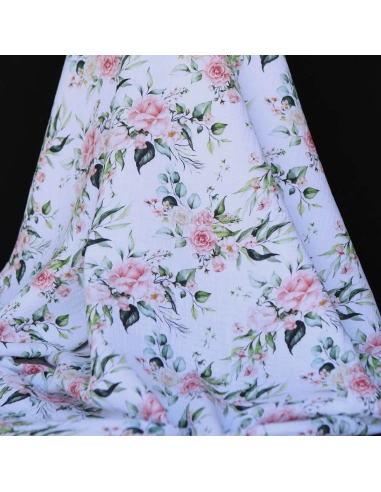 Roseraie - Double gaze de coton motif fleuri aquarelle