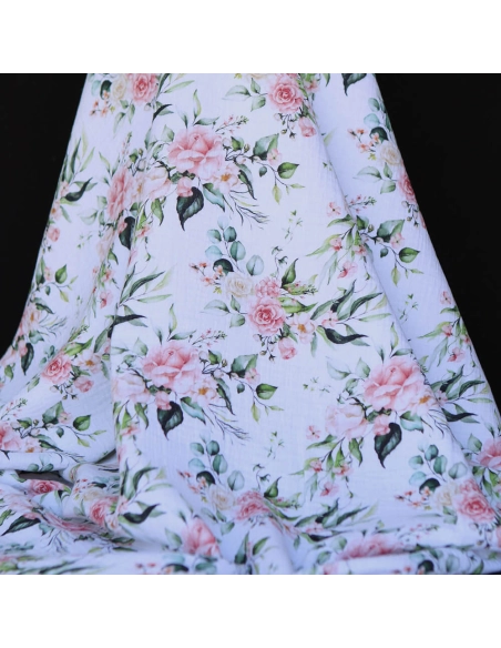Roseraie - Double gaze de coton motif fleuri aquarelle