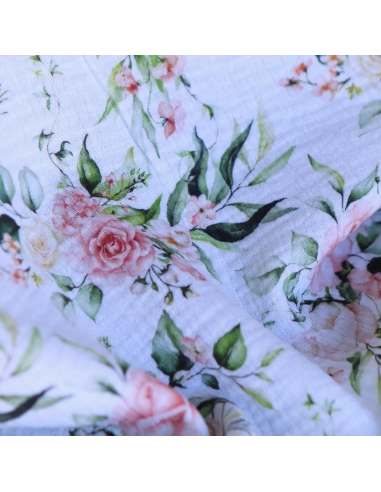 Roseraie - Double gaze de coton motif fleuri aquarelle