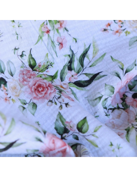 Roseraie - Double gaze de coton motif fleuri aquarelle