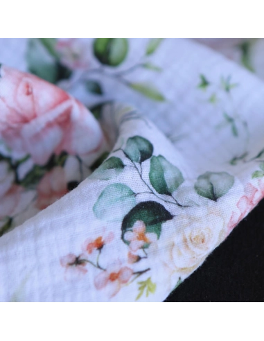 Roseraie - Double gaze de coton motif fleuri aquarelle