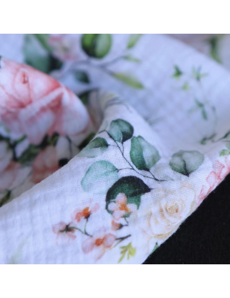 Roseraie - Double gaze de coton motif fleuri aquarelle