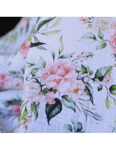 Roseraie - Double gaze de coton motif fleuri aquarelle