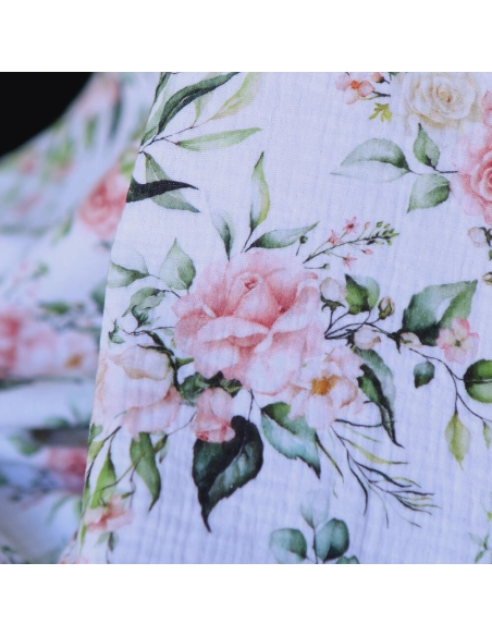 Roseraie - Double gaze de coton motif fleuri aquarelle