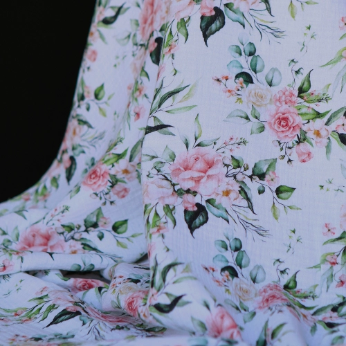 Roseraie - Double gaze de coton motif fleuri aquarelle