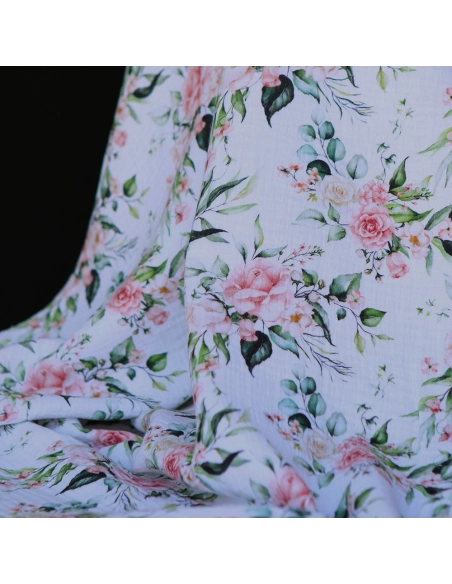 Roseraie - Double gaze de coton motif fleuri aquarelle