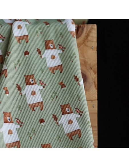 Jersey coton côtes fines à motifs petits ours de la forêt fond vert sauge