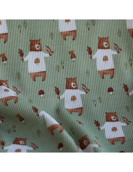 Jersey coton côtes fines à motifs petits ours de la forêt fond vert sauge