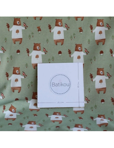 Jersey coton côtes fines à motifs petits ours de la forêt fond vert sauge