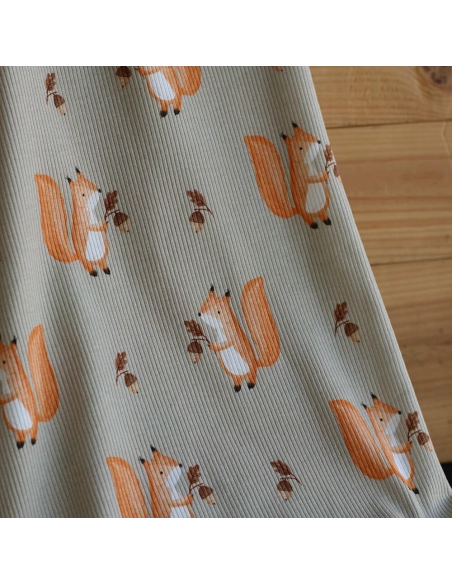 Jersey coton côtes fines à motifs petits écureuils de la forêt fond beige grège