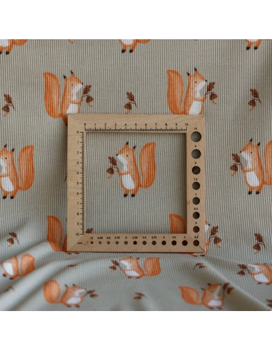 Jersey coton côtes fines à motifs petits écureuils de la forêt fond beige grège