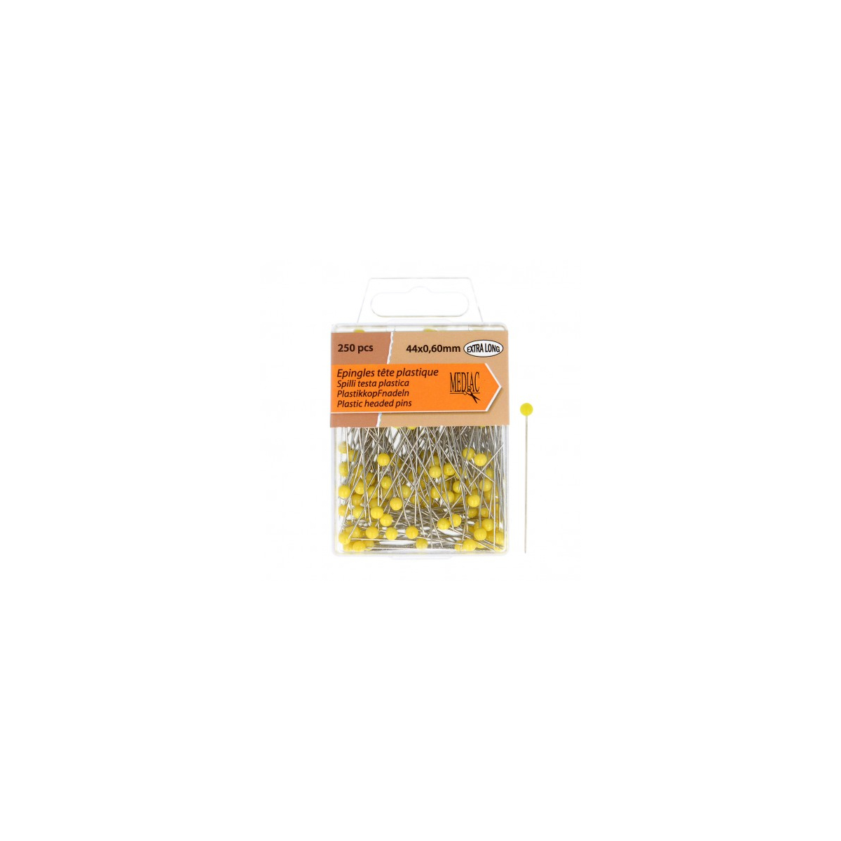 Boîte de 250 épingles patchwork MEDIAC à tête plastique jaune extra longues 44 x 0,60 mm