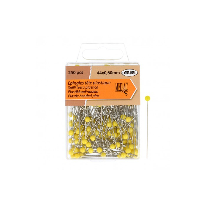 Boîte de 250 épingles patchwork MEDIAC à tête plastique jaune extra longues 44 x 0,60 mm