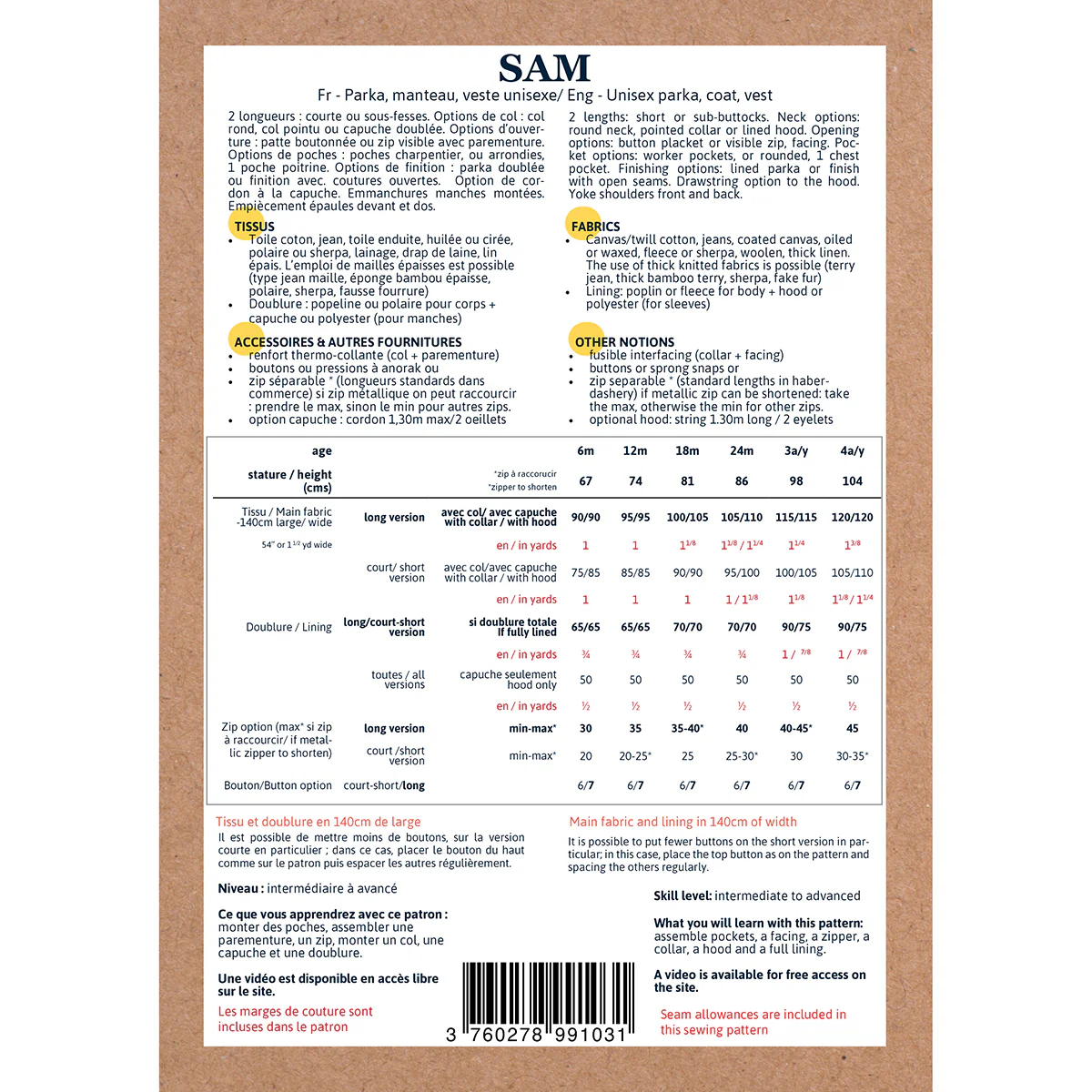 Pochette patron Ikatee SAM 6M-4A