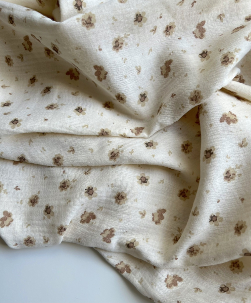 Lou - Double gaze de coton coloris fond écru imprimé taupe / beige Tissus issus de l'agriculture biologique  - 1 2