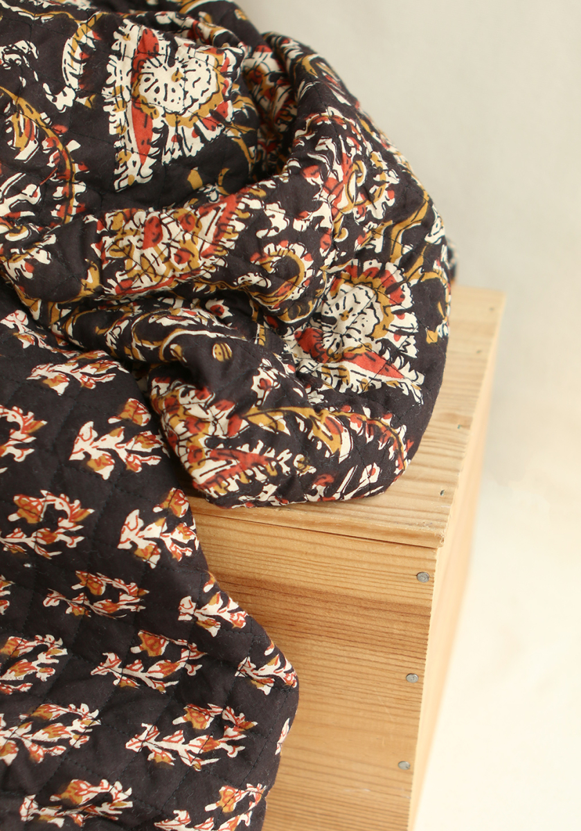 Kajal - Tissu indien matelassé double face coton hand block teal largeur 100cm