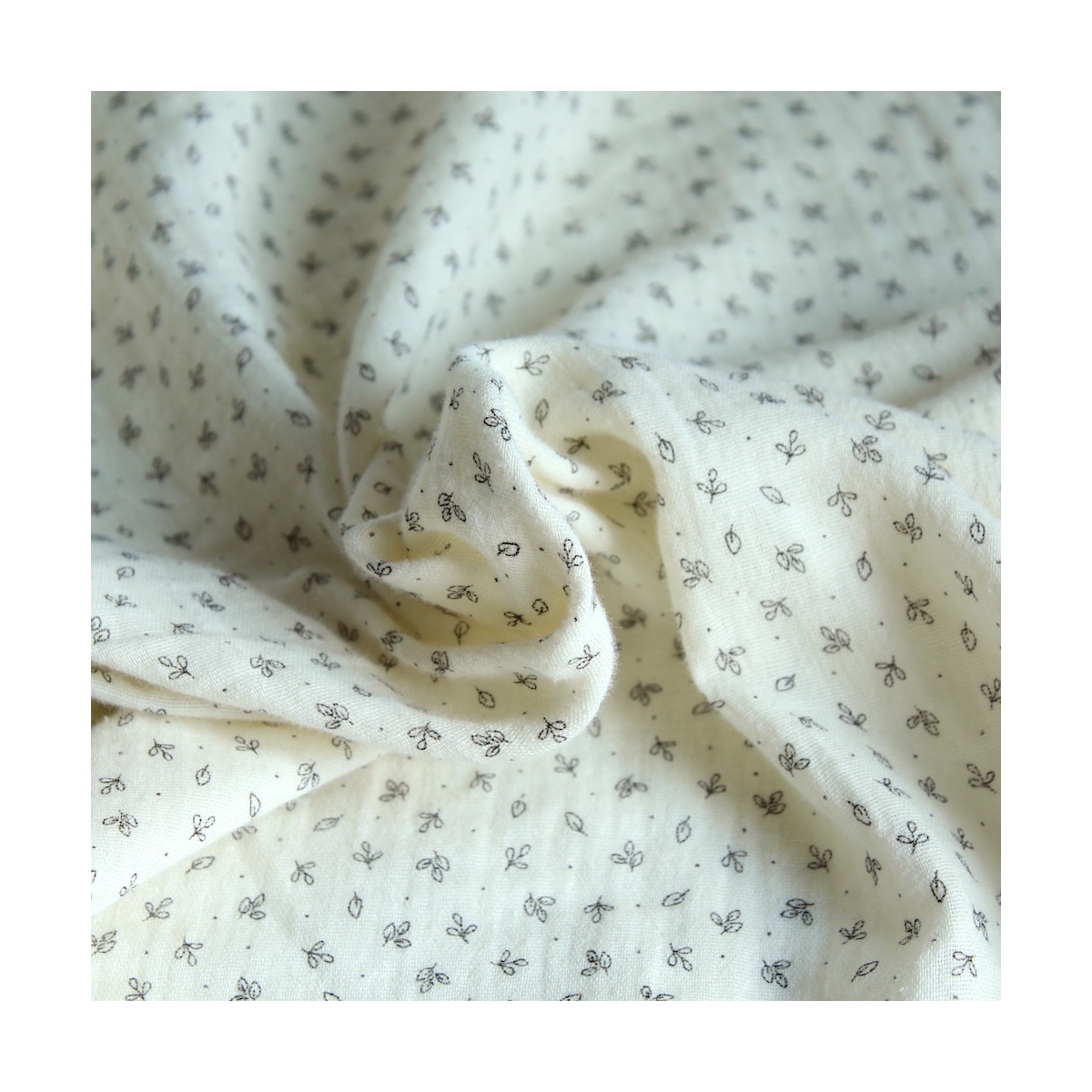 Double gaze de coton BIO écru motifs feuilles