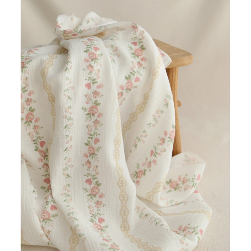 Agatha - Double gaze de coton motif fond blanc motif vert, beige et rose