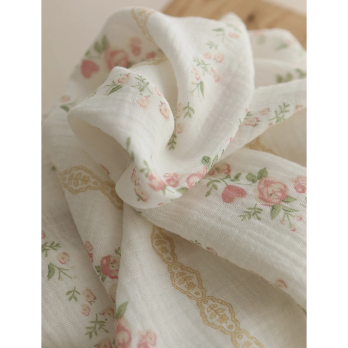 Agatha - Double gaze de coton motif fond blanc motif vert, beige et rose