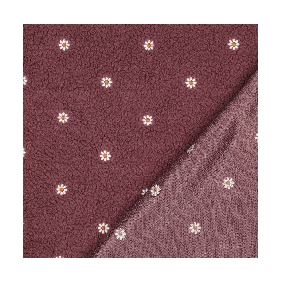 Teddy / moumoute bouclé fond burgundy broderies pâquerettes