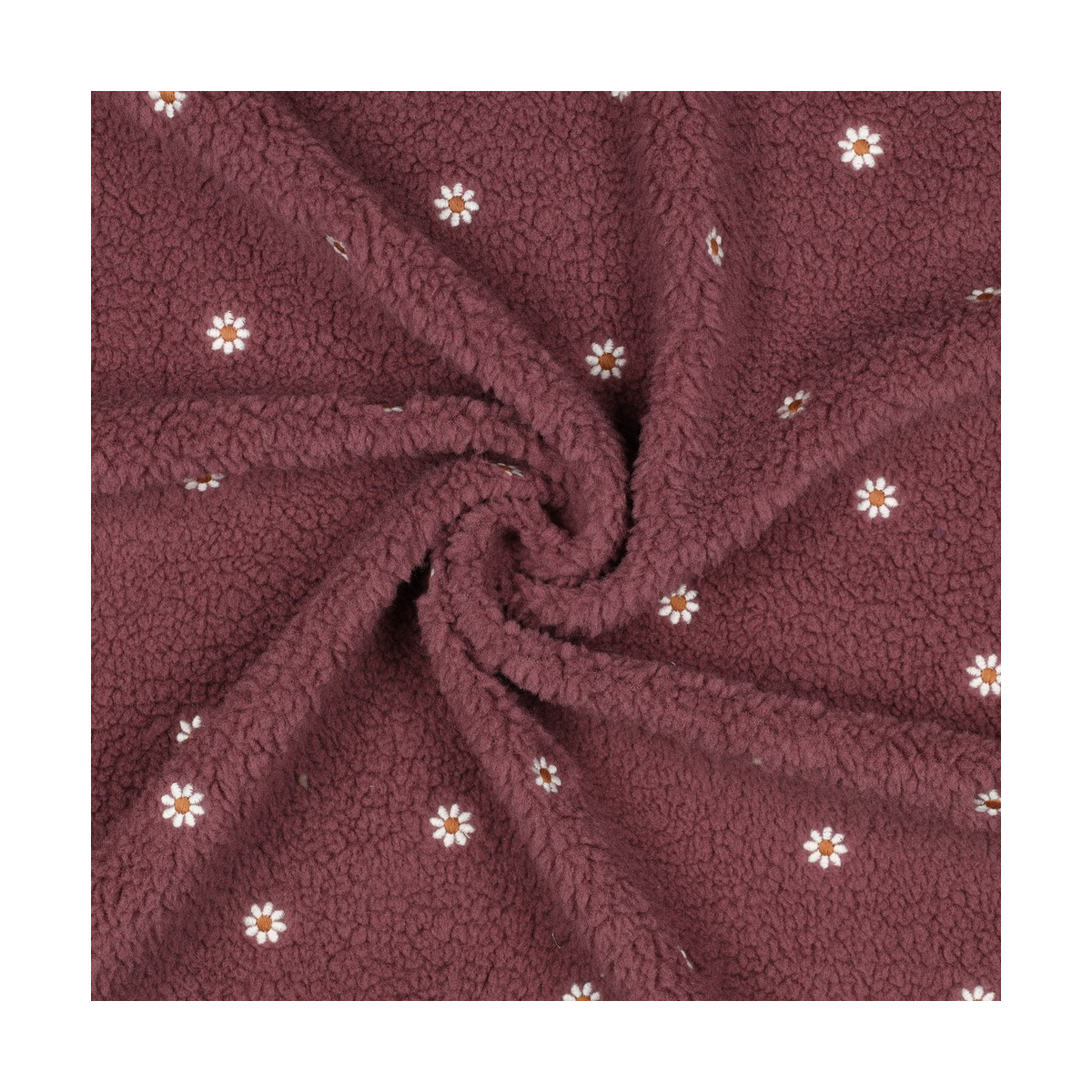 Teddy / moumoute bouclé fond burgundy broderies pâquerettes