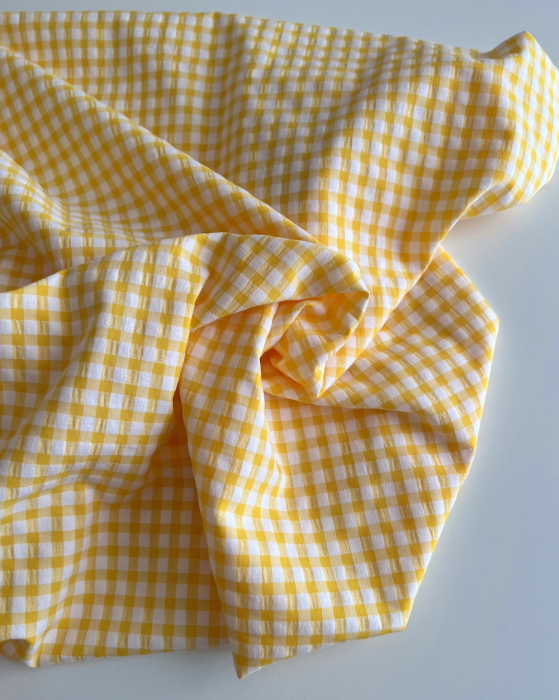 Seersucker / Coton gaufré vichy 6mm jaune citron / blanc Batikou - 4