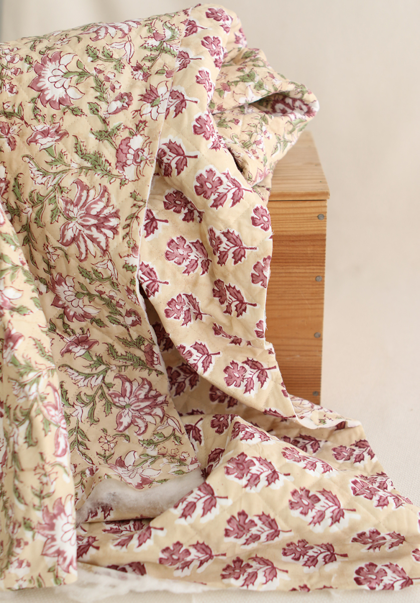 Diya - Tissu indien matelassé double face coton hand block teal largeur 100cm