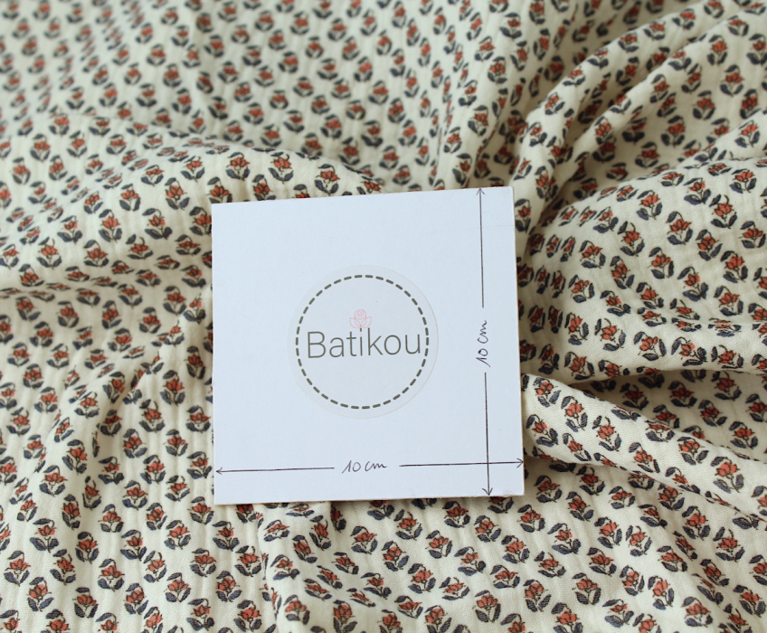 Aria - Double gaze de coton écru à motifs petites fleurs façon hand block