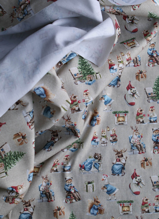 Toile de coton canvas motif animaux de noël fond beige
