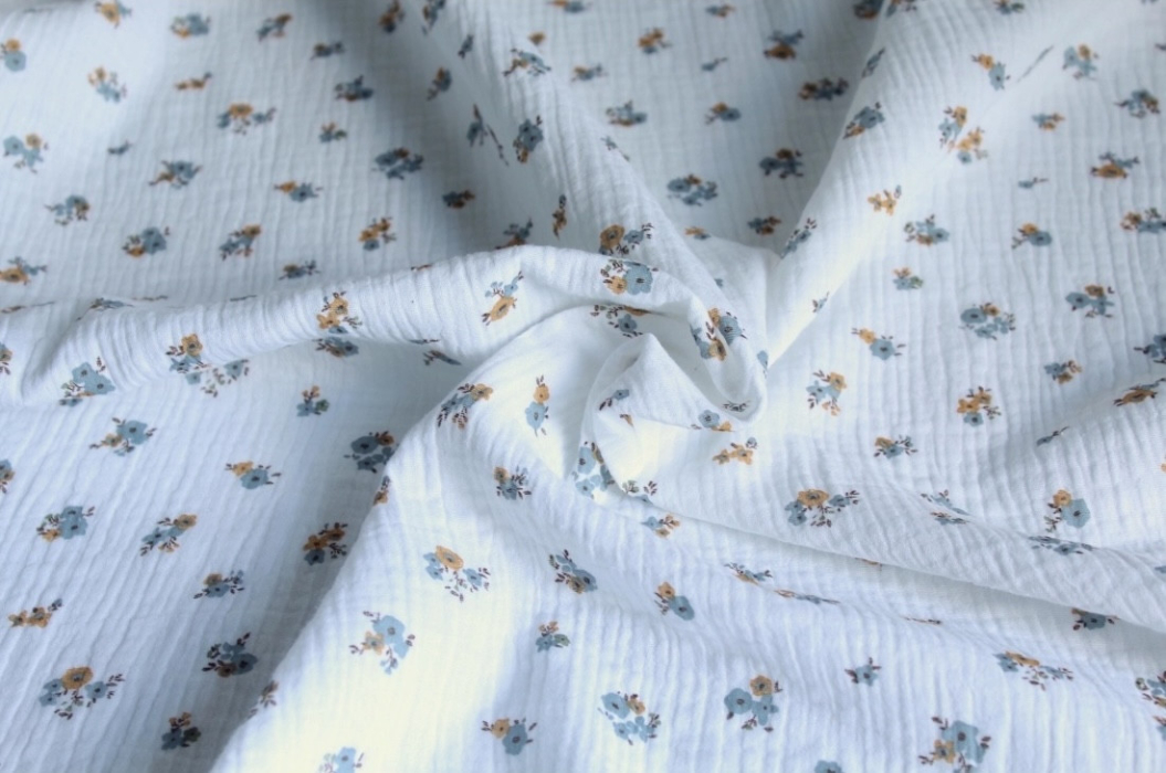 Tissu double gaze coton motif FEUILLES vintage oeko-tex