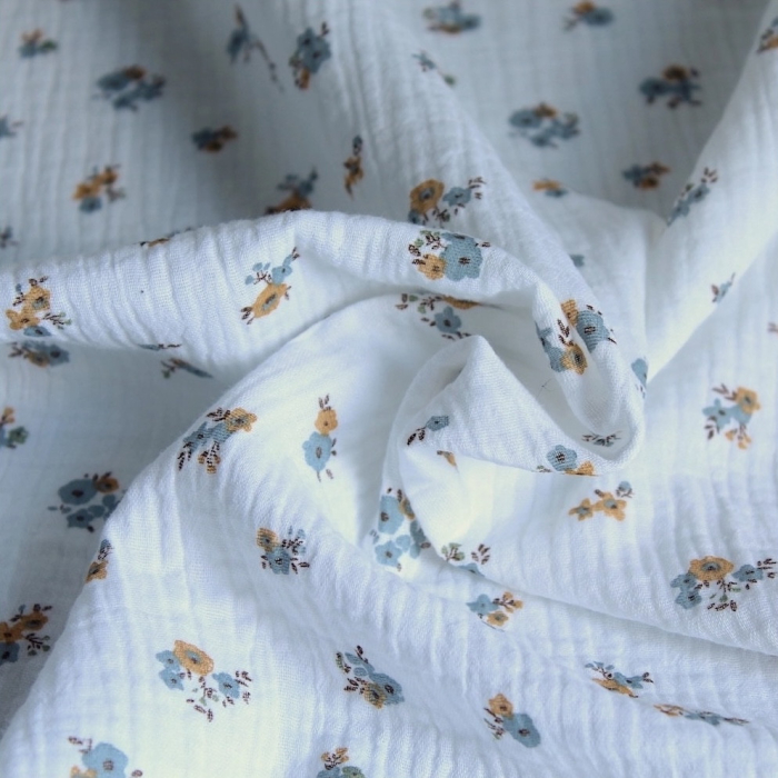 Tissu double gaze coton motif FEUILLES vintage oeko-tex