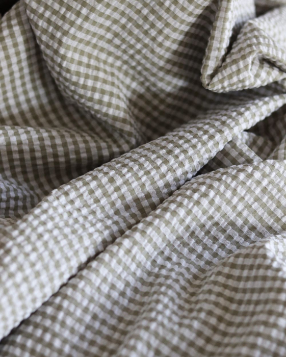 Seersucker / Coton mélangé gaufré vichy kaki clair