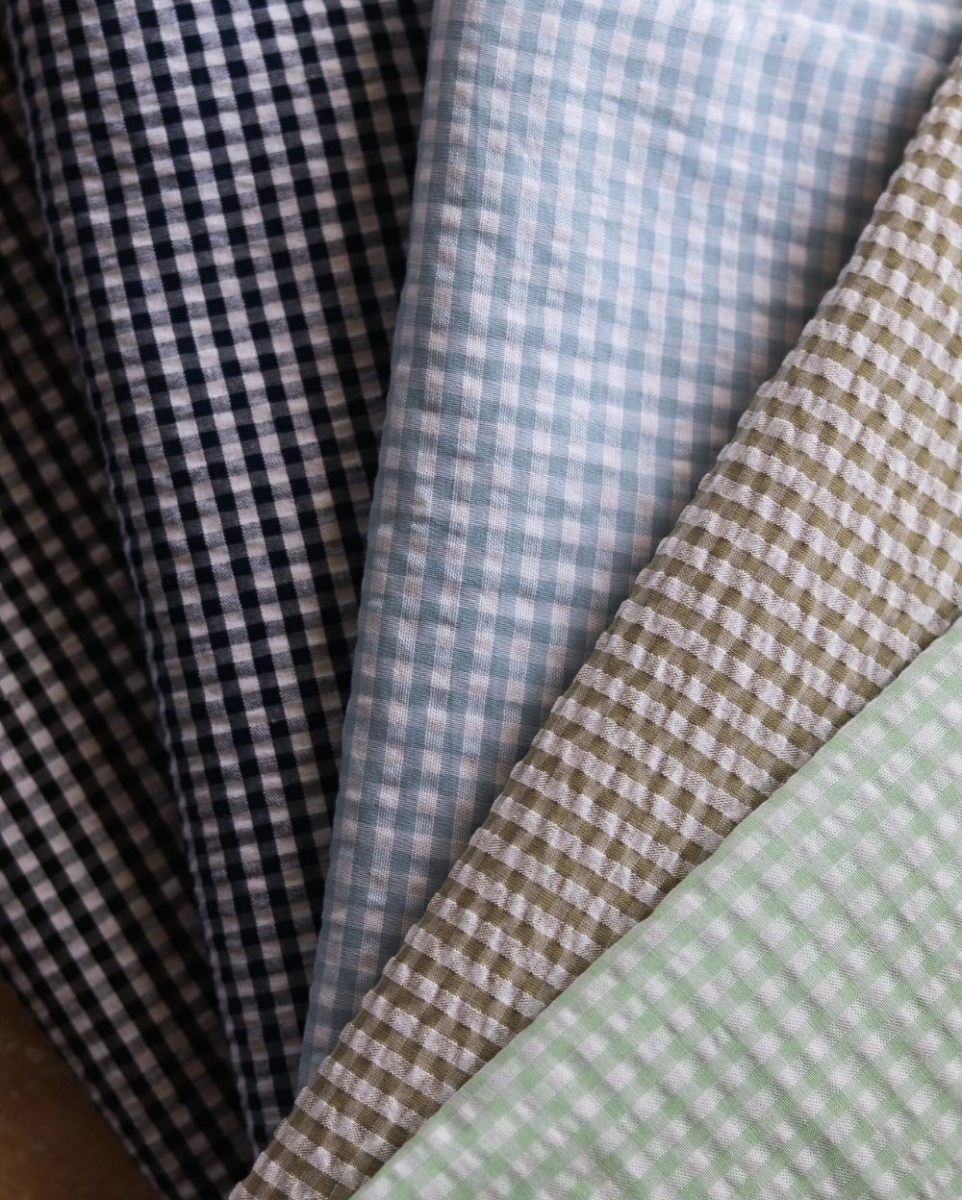 Seersucker / Coton mélangé gaufré vichy kaki clair