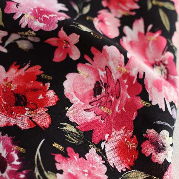 Malia - Viscose plumetis lurex fleuri noir et rose