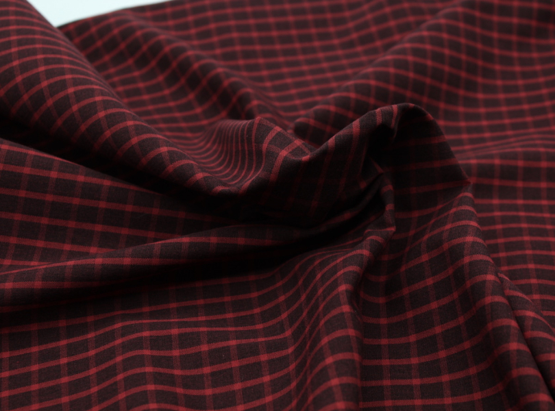Popeline de coton tissé carreaux lie de vin chiné 2