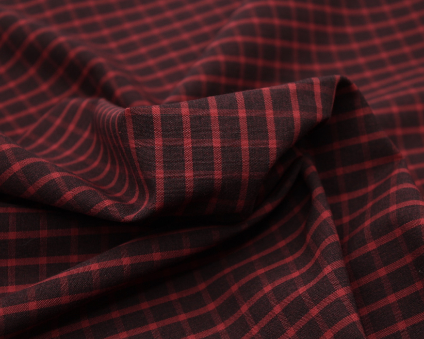 Popeline de coton tissé carreaux lie de vin chiné