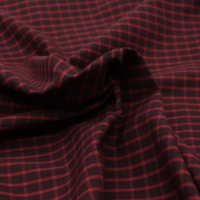 Popeline de coton tissé carreaux lie de vin chiné