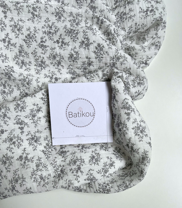 Meriem - Double gaze de coton BIO exclusif blanc à motifs fleuris gris Tissus issus de l'agriculture biologique  - 6