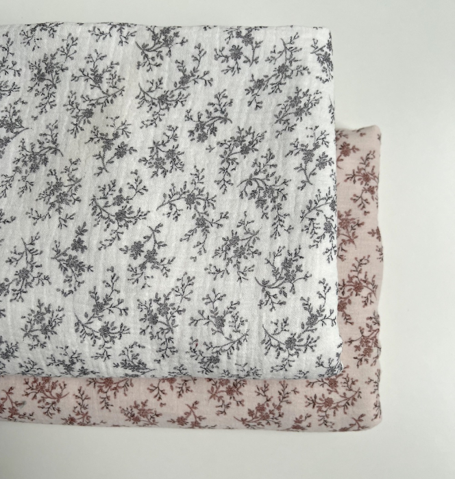 Meriem - Double gaze de coton BIO exclusif blanc à motifs fleuris gris Tissus issus de l'agriculture biologique  - 9