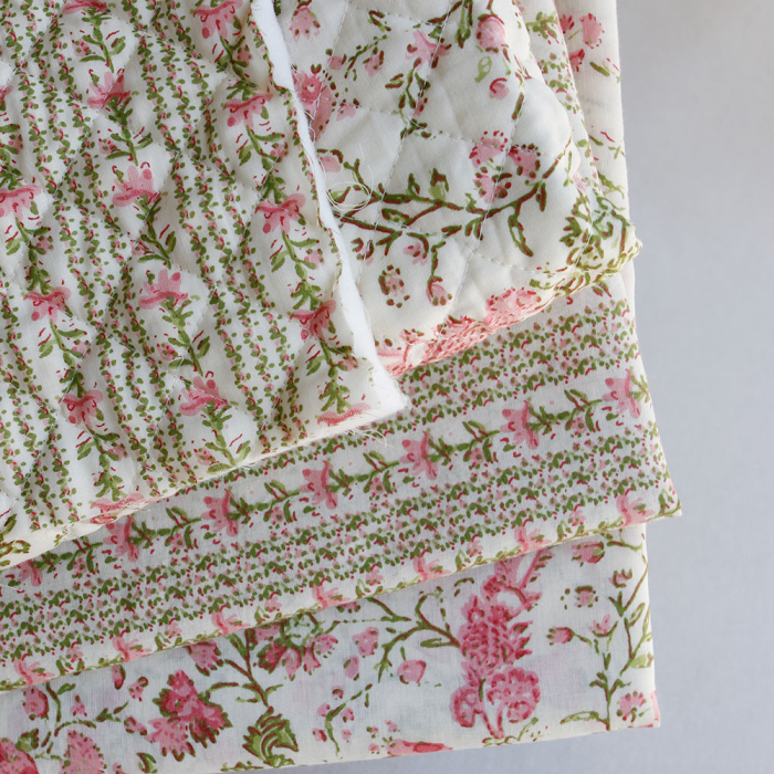 Karishma rose - Tissu indien matelassé double face coton hand block largeur 100cm
