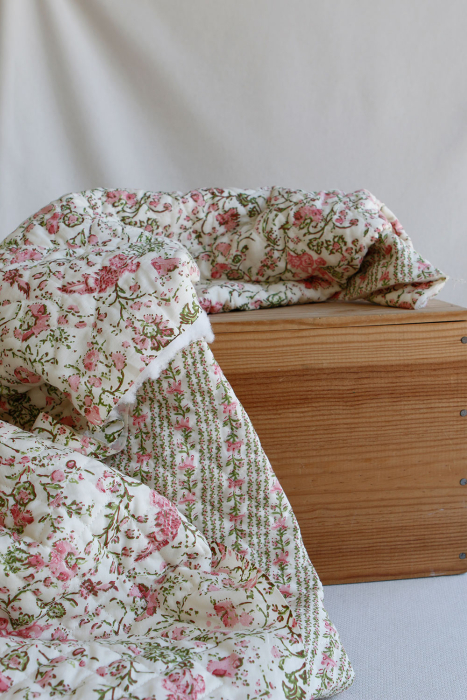 Karishma rose - Tissu indien matelassé double face coton hand block largeur 100cm