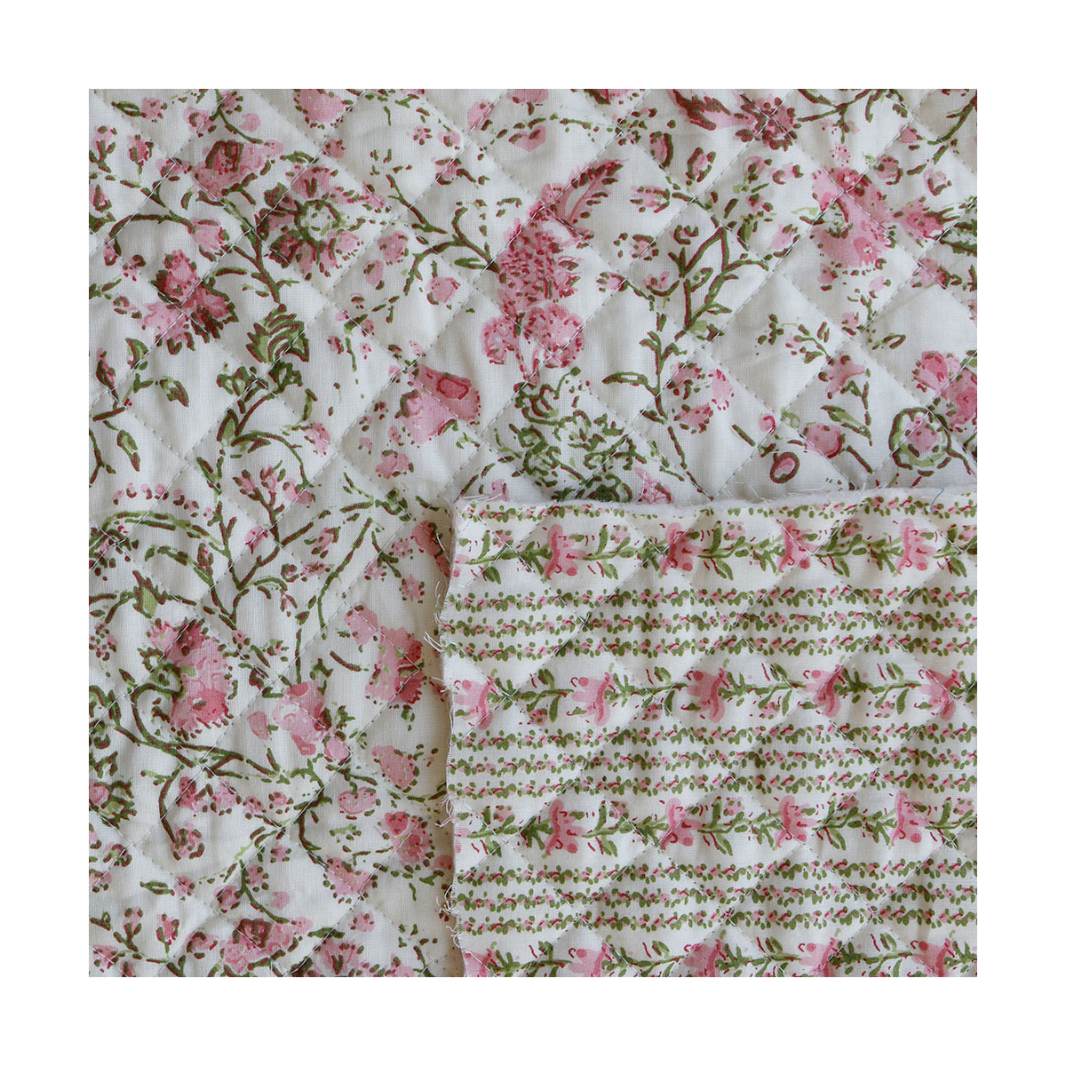 Karishma rose - Tissu indien matelassé double face coton hand block largeur 100cm