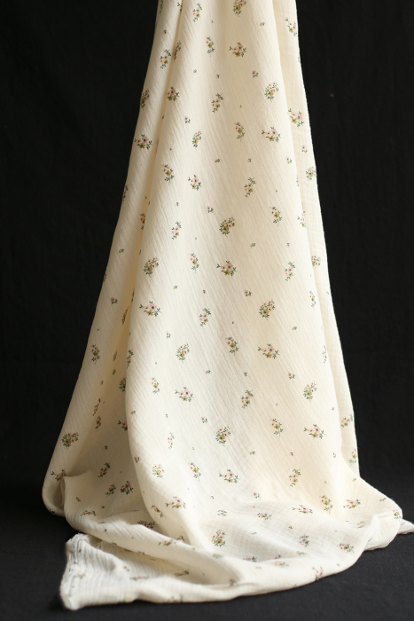 Laure - Double gaze coton BIO motif exclusif fond écru vert olive